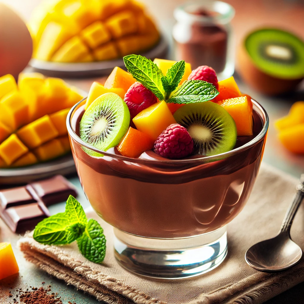 Pudim de Chocolate Low Carb com Frutas Tropicais: Uma Experiência Irresistível